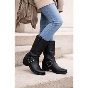 Frye Harness Boots Womens 8 Black Leather Mid Calf Silver Hardware USA 87350